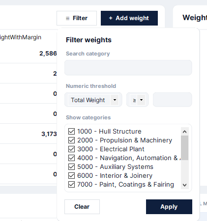 Filter weights popup with category search, numeric threshold and category checklist