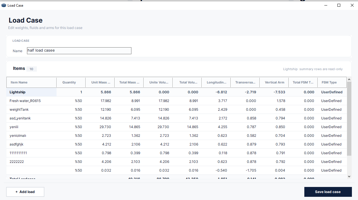 Load case editor with lightship, tank rows and summary rows