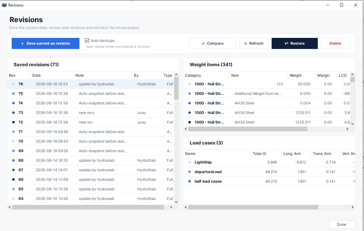 Revision Manager with revision list and snapshot preview