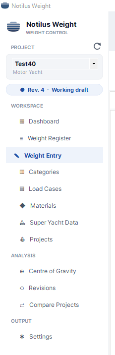 Notilus Weight sidebar navigation