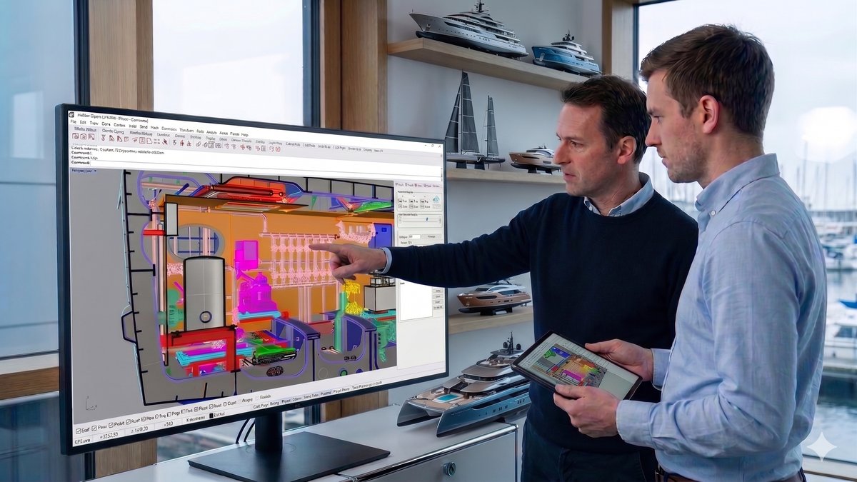 Marine designer reviewing 3D yacht model on a workstation