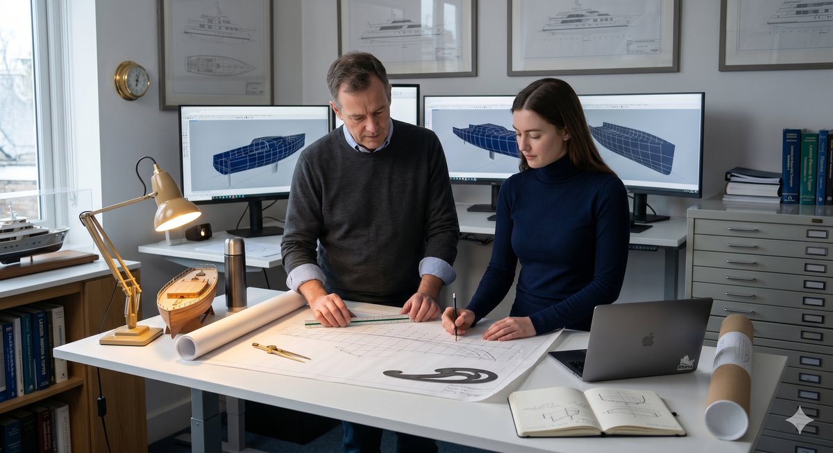 Naval architects reviewing yacht design plans
