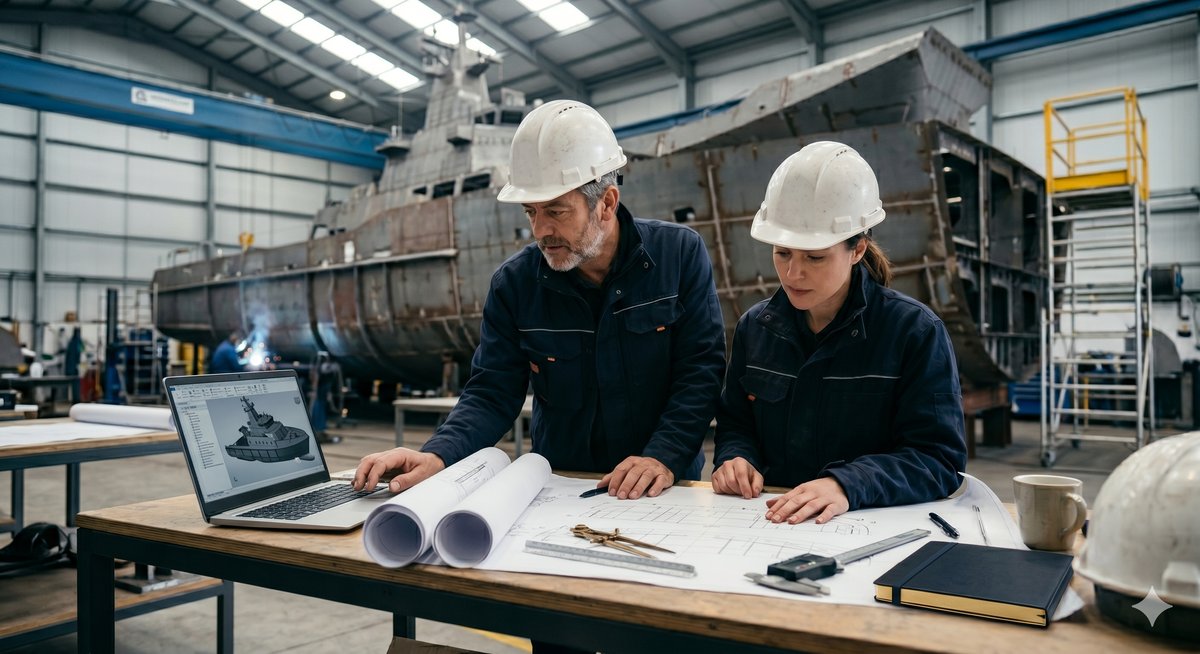 Shipyard production with hull under construction